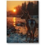 Fotograficzny plakat do salonu sarna na tle zachodzącego słońca w zimie rustykalny biało-pomarańczowy