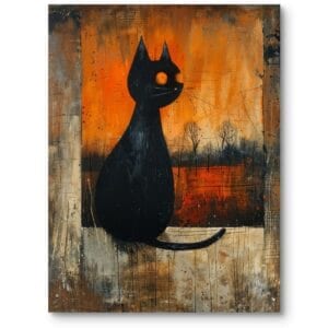 Mroczny obraz na płótnie do gabinetu czarny kot abstrakcja pomarańczowo-brązowy