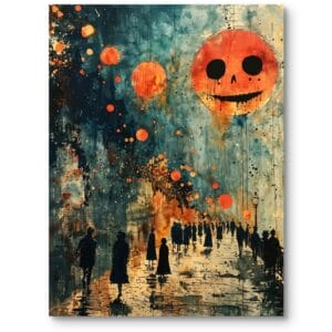Obraz akrylowy do salonu nowoczesny mroczna ulica ludzie pomarańczowo-niebieski