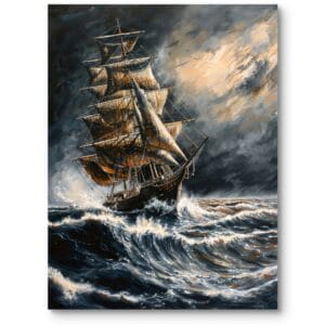 Obraz do biura i gabinetu sztorm na morzu żaglowiec zimny biało-niebieski realistyczny