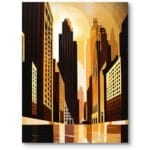 Obraz do biura zachód słońca miasto wieżowce art deco żółto-brązowy