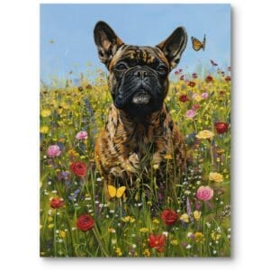 Obraz do eklektycznego salonu buldog francuski na kolorowej łące w stylu realistycznym zielono-żółty