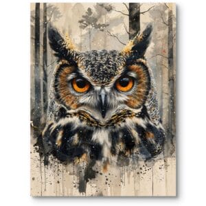 Obraz do gabinetu lub sypialni z sową w lesie realistyczny styl klasyczny brązowo-pomarańczowy