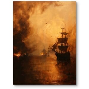 Obraz do gabinetu żaglowce o zachodzie słońca pomarańczowo-brązowy