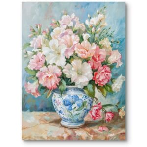 Obraz do klasycznego salonu martwa natura peonie w wazonie realistyczny biało-różowy