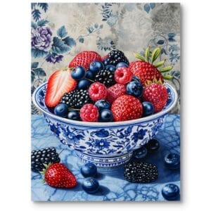 Obraz do kuchni i jadalni natura owoce realizm niebiesko-czerwony