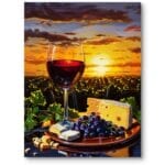 Obraz do kuchni martwa natura z jedzeniem wino ser zachód słońca realistyczny żółto-czerwony