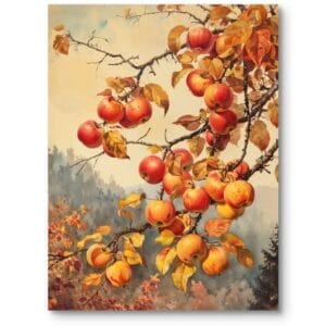 Obraz do kuchni vintage rośliny jabłka ciepły pomarańczowo-żółty