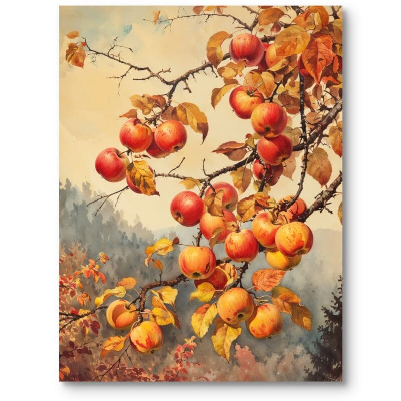 Obraz do kuchni vintage rośliny jabłka ciepły pomarańczowo-żółty