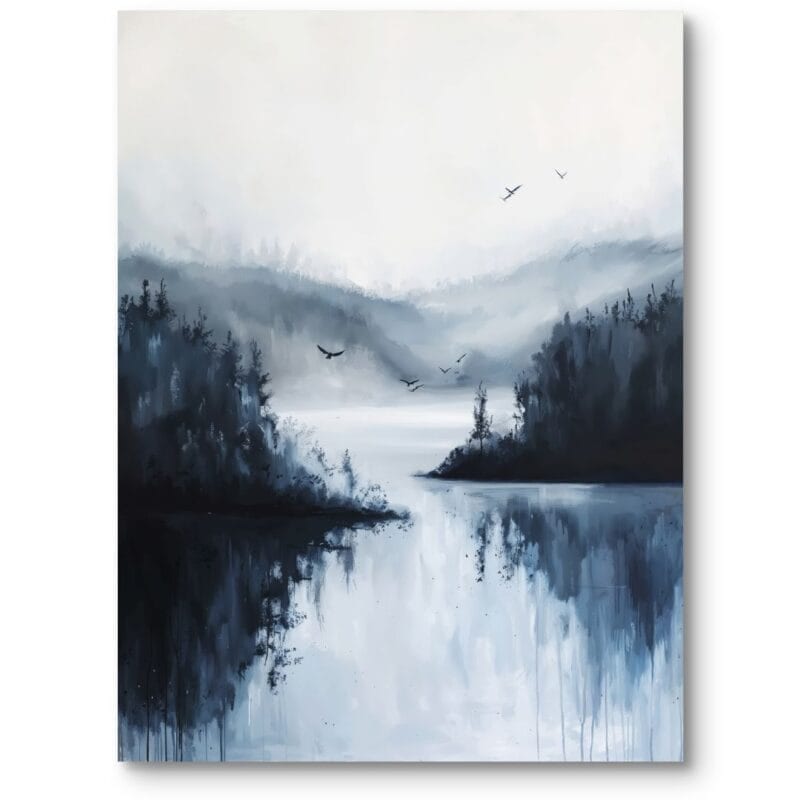 Obraz do minimalistycznego salonu krajobraz jeziora impresjonizm niebiesko-biały