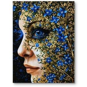 Obraz do nowoczesnego salonu fantasy kobieta kwiaty niebiesko-złoty surrealizm