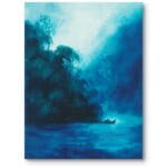 Obraz do nowoczesnego salonu krajobraz jeziora z łódką impresjonizm niebiesko-granatowy