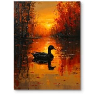 Obraz do nowoczesnego salonu krajobraz jezioro z kaczką pomarańczowo-czarny