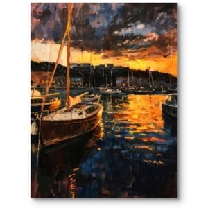 Obraz do nowoczesnego salonu krajobrazy widoki morskie jachty impresjonizm pomarańczowo-granatowy