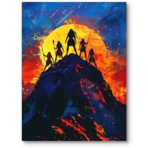 Obraz do nowoczesnego salonu na płótnie wojownicy na szczycie góry abstrakcja impresjonizm niebiesko-pomarańczowy