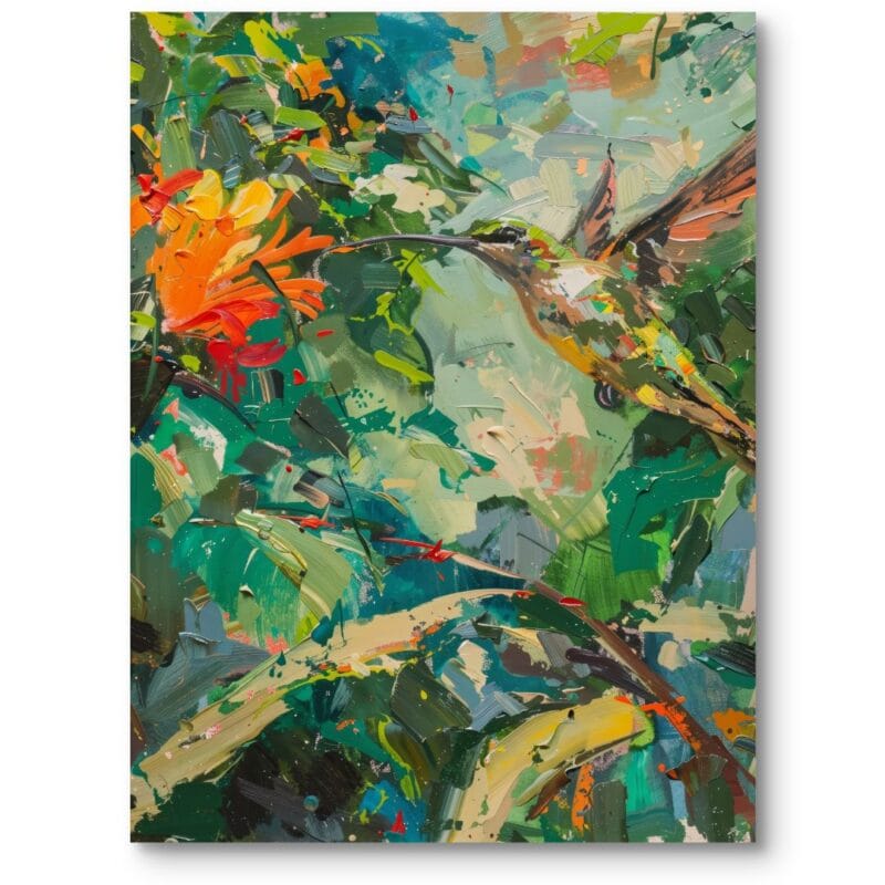 Obraz do nowoczesnego salonu zwierzęta ptaki koliber wśród egzotycznych kwiatów zielono-pomarańczowy