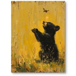 Obraz do pokoju dziecięcego niedźwiedź niedźwiadek motyl realizm do zielonych ścian