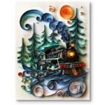 Obraz do pokoju dziecięcego quilling pociąg w lesie transport zielono-niebieski skandynawski