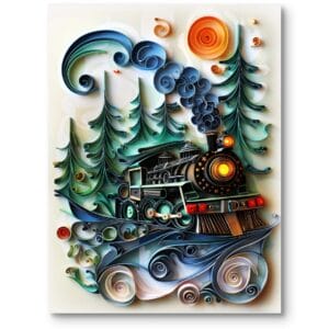 Obraz do pokoju dziecięcego quilling pociąg w lesie transport zielono-niebieski skandynawski