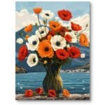 Obraz do przedpokoju rustykalny vintage maki w wazonie jezioro góry pomarańczowo-biały Obraz do przedpokoju rustykalny vintage maki w wazonie jezioro góry pomarańczowo-biały