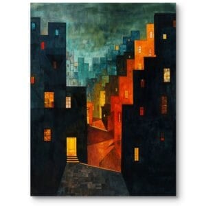 Obraz do salonu architektura nocne miasto industrialny ciemnoniebiesko-pomarańczowy