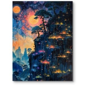 Obraz do salonu baśniowy krajobraz fantasy nocne niebo granatowo-pomarańczowy