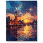 Obraz do salonu Big Ben Londyn zachód słońca w stylu impresjonistycznym pomarańczowo-niebieski Obraz do salonu Big Ben Londyn zachód słońca w stylu impresjonistycznym pomarańczowo-niebieski