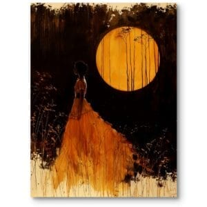 Obraz do salonu boho nostalgia kobieta natura księżyc w pomarańczowo-czarnej tonacji