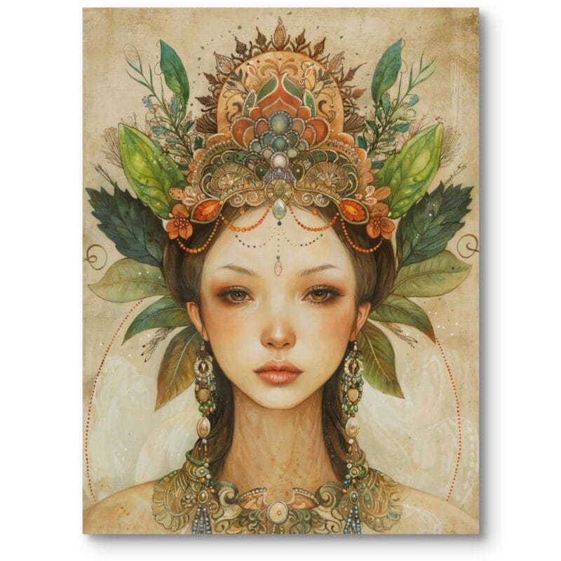 Obraz do salonu boho portret kobiety fantasy art beżowo-zielony Obraz do salonu boho portret kobiety fantasy art beżowo-zielony