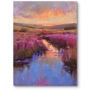 Obraz do salonu boho zachód słońca nad jeziorem impresjonizm fioletowo-różowy