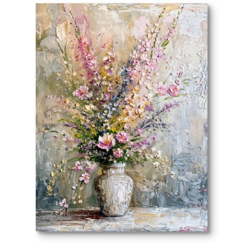 Obraz do salonu bukiet kwiaty wazon impresjonizm różowo-zielony