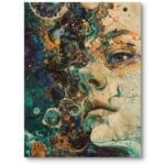 Obraz do salonu eklektycznego portret kobiety abstrakcja surrealizm zielono-pomarańczowy