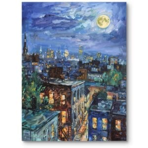 Obraz do salonu eklektyczny nocny pejzaż miejski z księżycem niebiesko-zielony