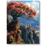 Obraz do salonu fantasy majestatyczne drzewo zamek pomarańczowo-niebieski