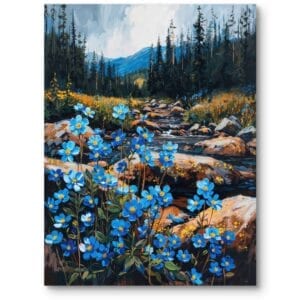 Obraz do salonu górski pejzaż z niebieskimi kwiatami w stylu rustykalnym zielono-brązowy