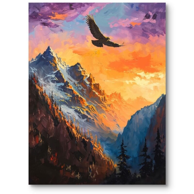 Obraz do salonu góry z orłem zachód słońca impresjonizm pomarańczowo-niebieski Obraz do salonu góry z orłem zachód słońca impresjonizm pomarańczowo-niebieski