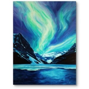 Obraz do salonu góry zimowe pejzaże zorza polarna zimny niebiesko-zielony