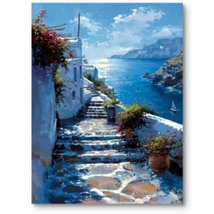 Obraz do salonu Grecja Santorini widok z okna niebiesko-biały