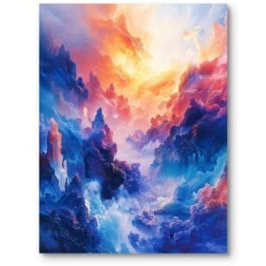 Obraz do salonu i pokoju młodzieżowego fantastyka krajobraz surrealistyczny niebiesko-pomarańczowy