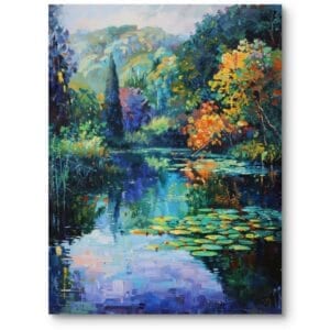 Obraz do salonu impresjonistyczny krajobraz leśny z jeziorem lilie wodne zielono-niebieski