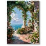 Obraz do salonu impresjonizm egzotyczny ogród nad morzem klasyczny zielono-niebieski