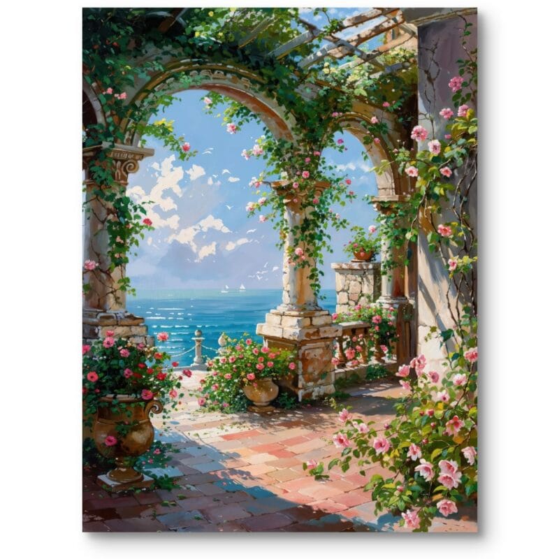 Obraz do salonu impresjonizm egzotyczny ogród nad morzem klasyczny zielono-niebieski