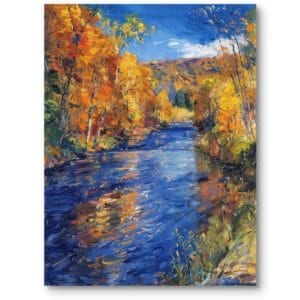 Obraz do salonu jesienny krajobraz nad rzeką nowoczesny niebiesko-pomarańczowy