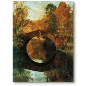 Obraz do salonu jesienny pejzaż z mostem impresjonizm zielono-brązowy