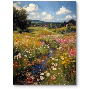 Obraz do salonu klasycznego krajobraz wiejski kwiecista łąka z strumieniem realistyczny zielono-żółty