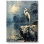 Obraz do salonu klasyczny czapla nad jeziorem realizm niebiesko-szary