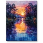 Obraz do salonu klasyczny i nowoczesny wschód słońca nad jeziorem impresjonizm pomarańczowo-niebieski