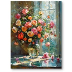 Obraz do salonu klasyczny impresjonistyczny róże w wazonie pomarańczowo-różowy