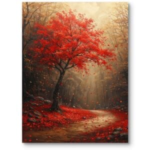 Obraz do salonu klasyczny jesienne pejzaże i krajobrazy jesienne drzewo na lesnej ścieżce realizm czerwono-żółty