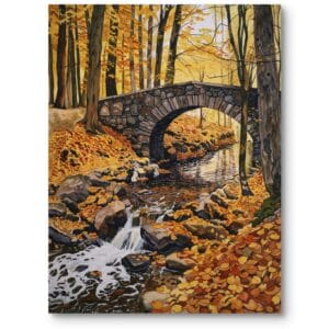 Obraz do salonu klasyczny jesienny krajobraz kamienny most rzeka rustykalny żółto-pomarańczowy
